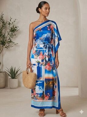 L'Atiste One-Shoulder Blue Floral Print Maxi Dress Size S